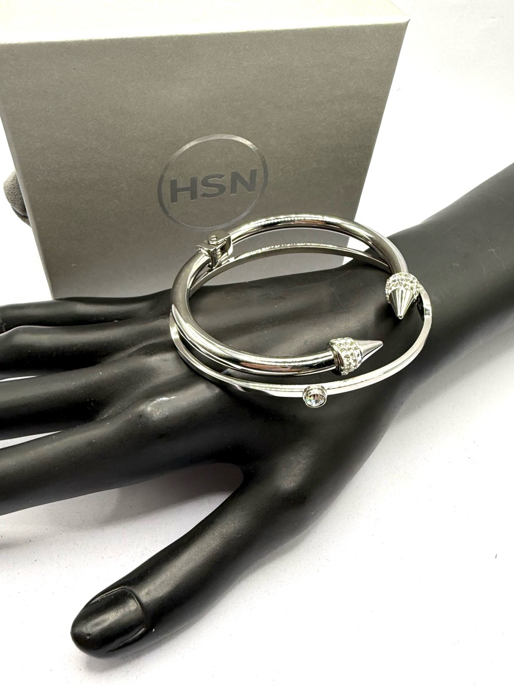 HSN Silver-Tone Crystal Accent Double Bangle Bracelet - Silver